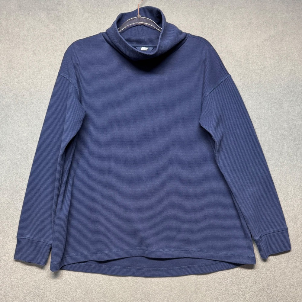 Lands End Turtleneck Ribbed Knit Pullover Top Large Blue Cozy Loungewear Travel